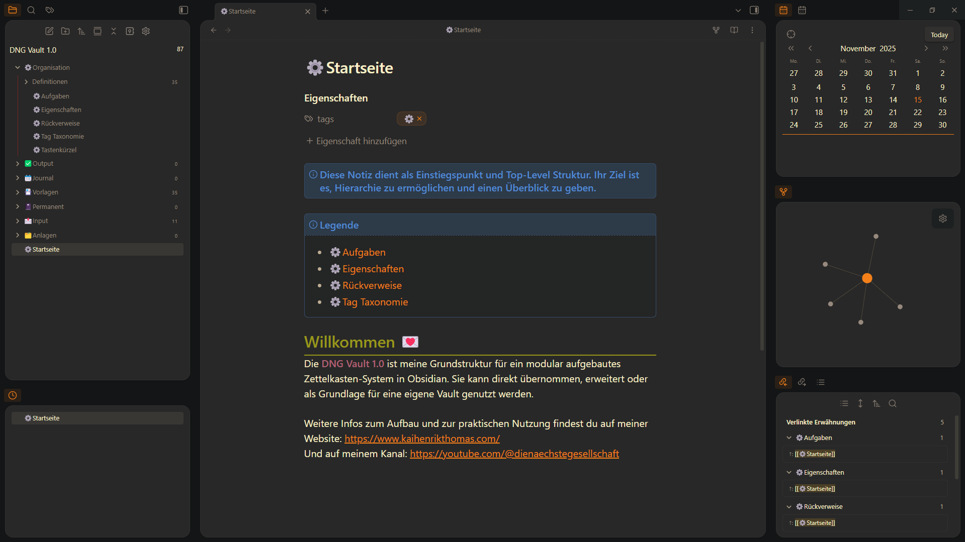 Startseite der DNG Vault in Obsidian